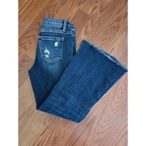 Flying Monkey Youth Girls Mid Rise Flare Jeans Dark Wash Distressed Raw Hem 10